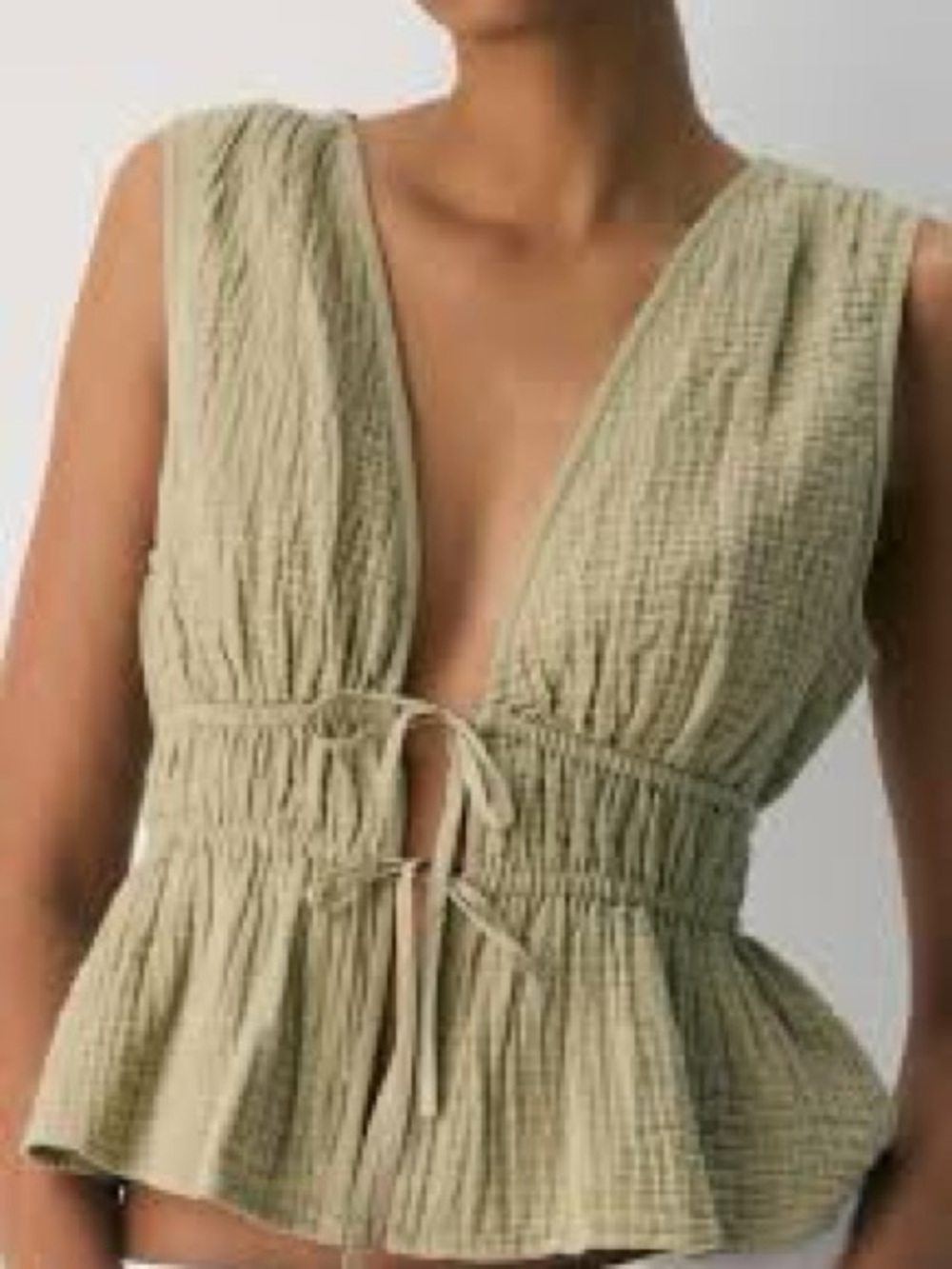 Aerie Sleeveless Drawstring Tank Top Gauze Cotton Cottagecore Olive Green Medium - Picture 9 of 10